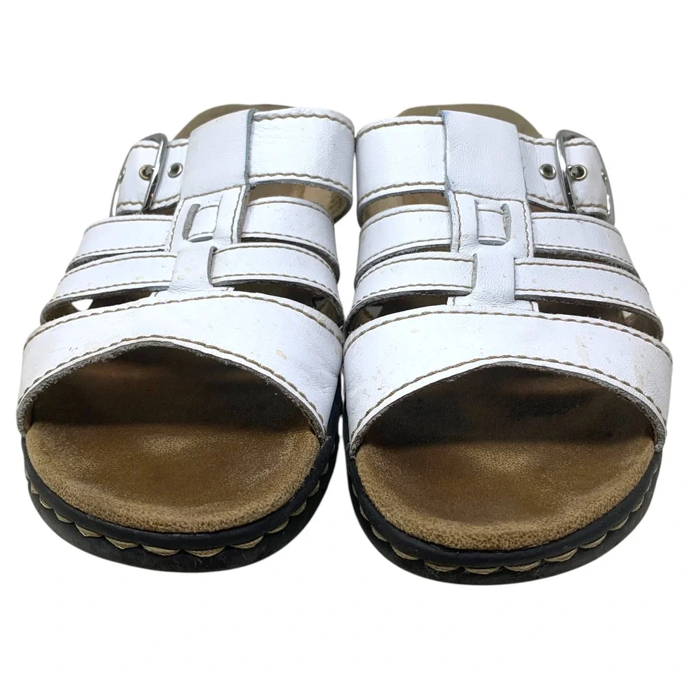 Clarks Collection Sz 10 White Leather Comfort Slide Sandals Buckle Platform Mule